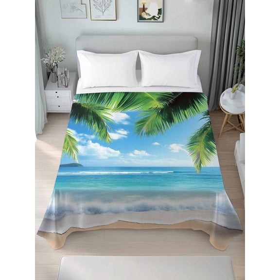 Beach Ocean Waves Full Size Flat Sheet, Wrinkleproof & Fadeproof Cooling Flat Bed Sheet Only, Summer Tropical Palm Tree Leaves Breathable Soft Bedding Top Sheets 81 x 96 Inches