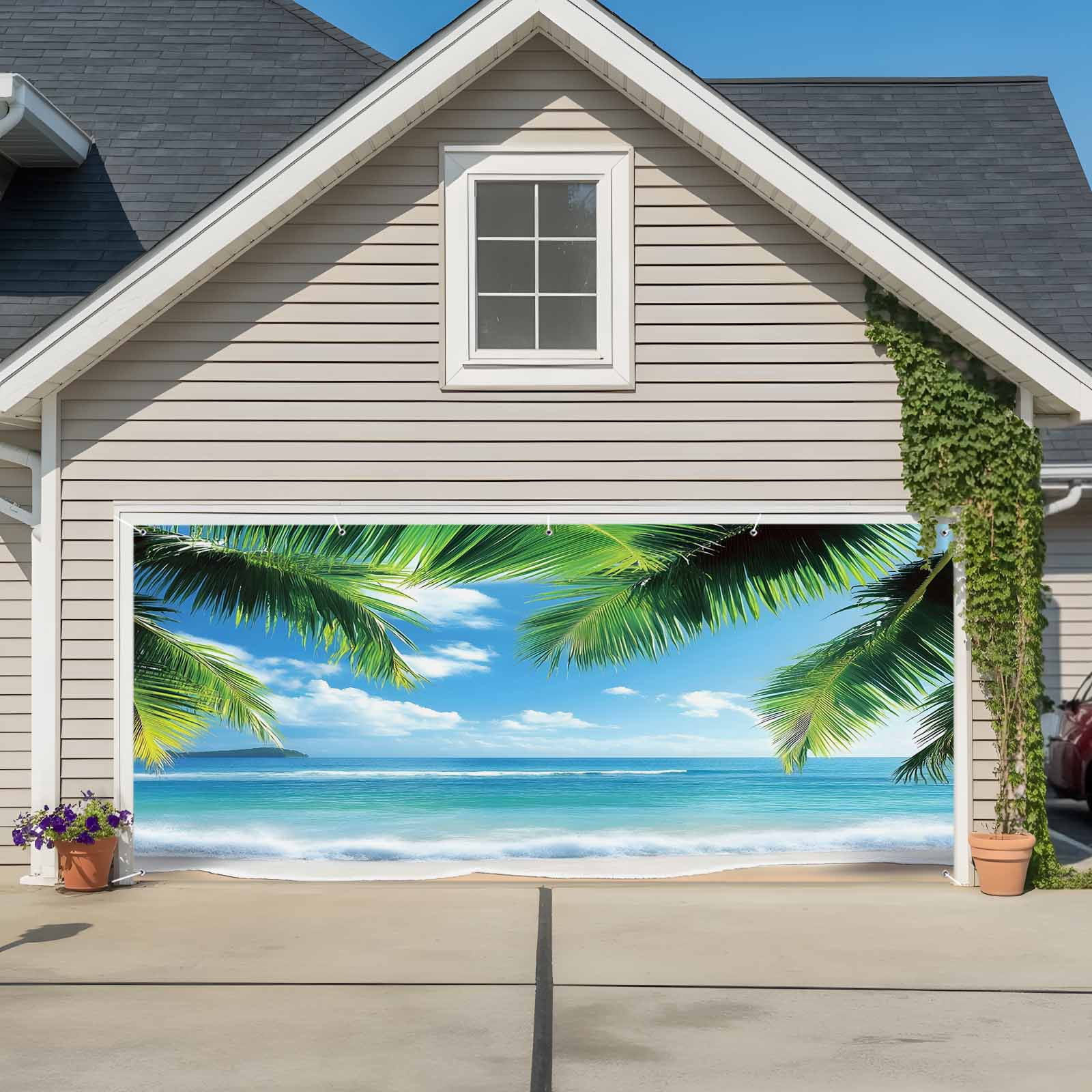 Beach Ocean Waves Garage Door Cover Banner 7 x 16 FT, Summer Tropical Palm Tree Leaves Garage Door Curtains Backdrop with Grommets for Indoor Outdoor Wall Party Porch Yard Decorations Background
