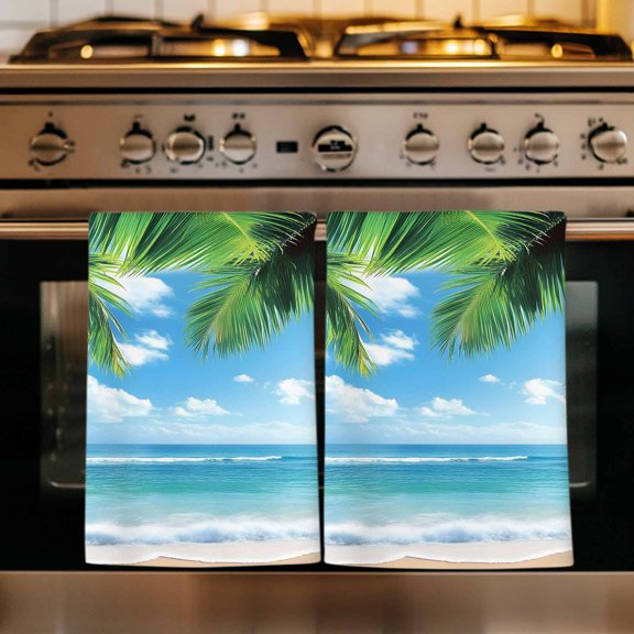 Beach Ocean Waves Kitchen Towels Set of 3, Summer Tropical Palm Tree Leaves Absorbent Dish Towels for Kitchen, Microfiber Hand Towel, Quick Drying Tea Towel for Cleaning Decorative Dishcloths