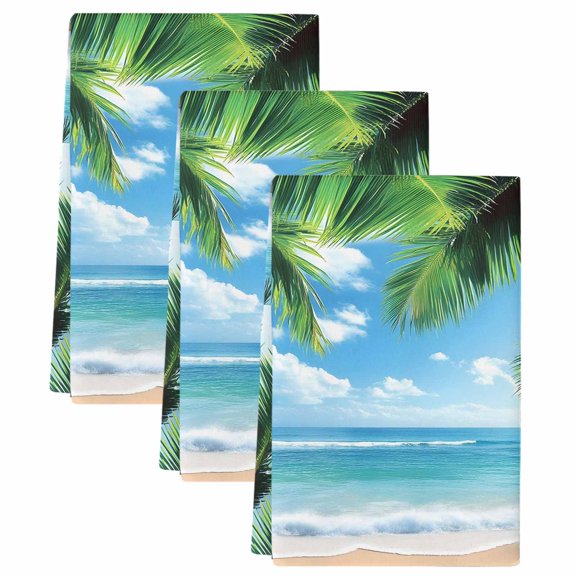 Beach Ocean Waves Kitchen Towels Set of 3, Summer Tropical Palm Tree Leaves Soft Microfiber Dish Towels, Absorbent Quick-Dry Washable Dishcloths for Kitchen Cleaning, Drying Dishes, 18x28 Inches
