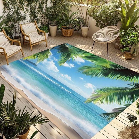 Beach Ocean Waves Outdoor Rug 4x6 Ft - Reversible Patio Rug Outdoor Camping Rugs, Summer Tropical Palm Tree Leaves Washable Indoor Outdoor Area Rugs, Non-Slip Outdoor Carpet Runner for Deck/Porch