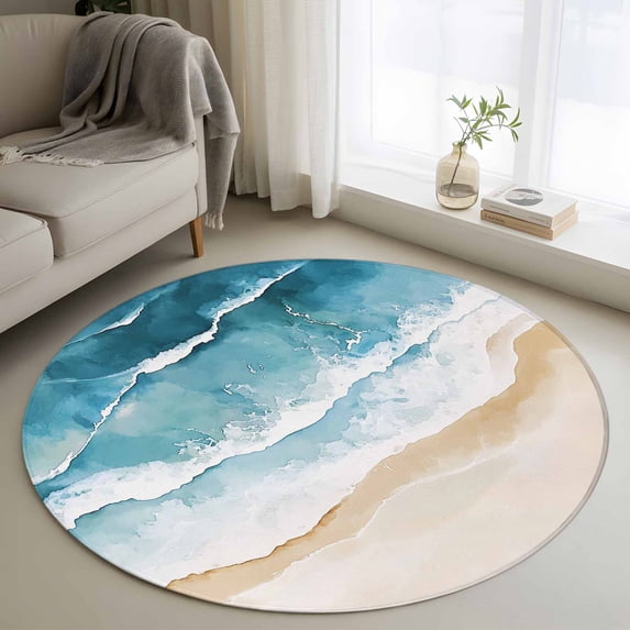 Beach Ocean Waves Round Living Room Rugs 3.3 ft, Blue Watercolor Painting Washable Area Rug with Non-Slip Sturdy Edge Binding Round Front Door Mat Floor Carpet for Entryway