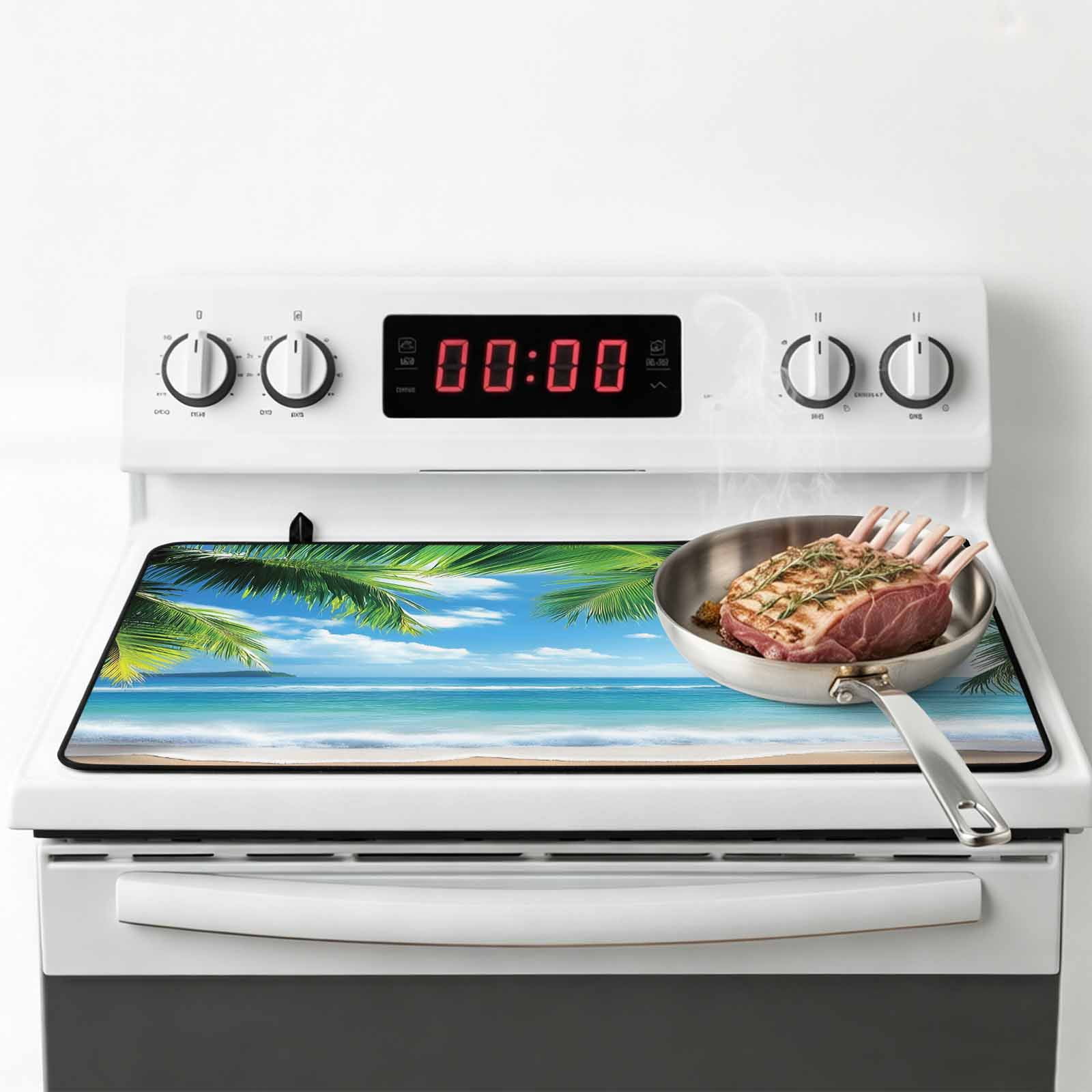 Beach Ocean Waves Stove Top Cover for Electric Stove, Heat-proof & Non Slip Glass Top Stove Cover Protector, Summer Tropical Palm Tree Leaves Kitchen Flat Cooktop Rubber Mat 24x21 Inches