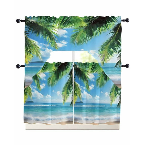 Beach Ocean Waves Swag Kitchen Curtains Sets for Windows 24 Inch Length, Summer Tropical Palm Tree Leaves Short Window Curtain Panels Swags Valances and Tiers 3 Piece Set for Cafe/Dining Room
