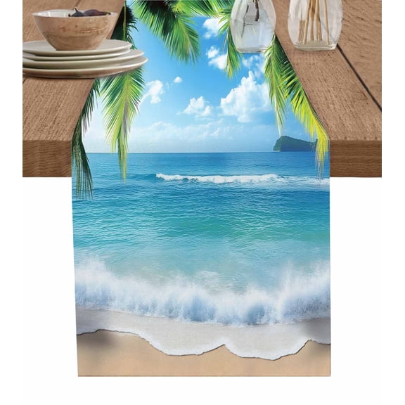 Beach Ocean Waves Table Runner Summer Tropical Palm Tree Leaves Tablerunners 18 x 72 Inch, Table Decorations Tabletop Scarf for Summer Gathering Holiday Farmhouse Kitchen Dining Decor