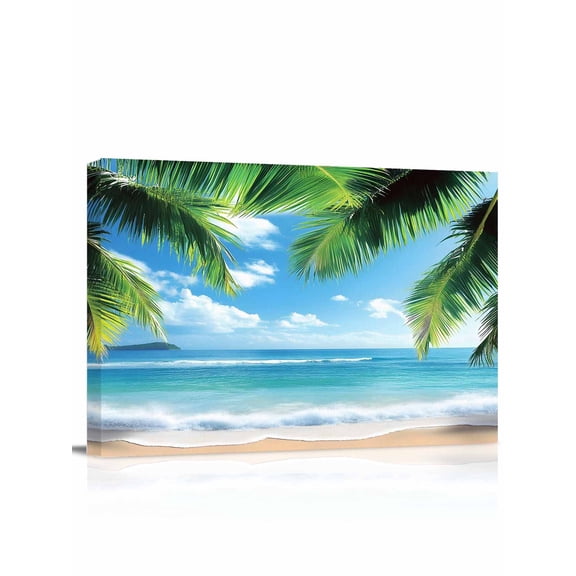 Beach Ocean Waves Wall Art for Living Room,Canvas Picture Wall Decor for Bathroom Bedroom,Summer Tropical Palm Tree Leaves Painting Artwork for Office Kitchen Hallway Dining Room Home Decor 12"x16"