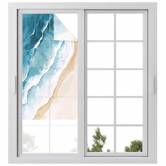 Beach Ocean Waves Window Privacy Film, Blue Watercolor Painting Frosted Glass Window Clings Static Cling UV Heat Blocking Reusable Door Sticker for Bathroom 23.6 x 59 Inch