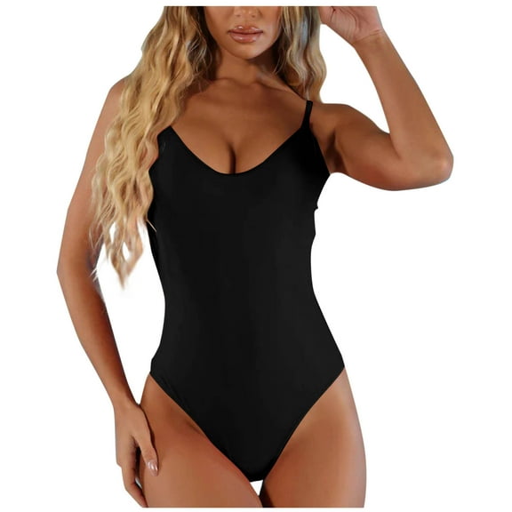 Beach One Piece Swimsuits for Women Adjustable Spaghetti Strap Swimwear Low Beck High Cut Thong Sexy Swimming Suit Black, L