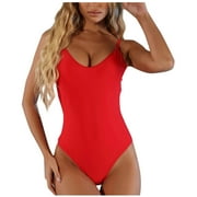 Beach One Piece Swimsuits for Women Adjustable Spaghetti Strap Swimwear Low Beck High Cut Thong Sexy Swimming Suit Red, L