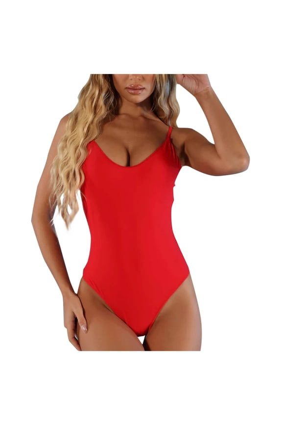 Beach One Piece Swimsuits for Women Adjustable Spaghetti Strap Swimwear Low Beck High Cut Thong Sexy Swimming Suit Red, L