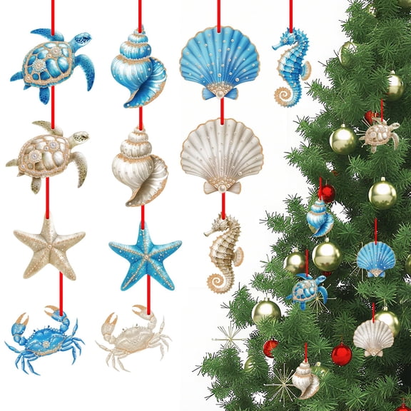 Beach Ornament - Wooden Beach Ornaments for Christmas Tree Decorations Blue and White Starfish Christmas Ornaments Coastal Ocean Sea Creature Hanging Ornament Cutouts for Xmas Party Gifts