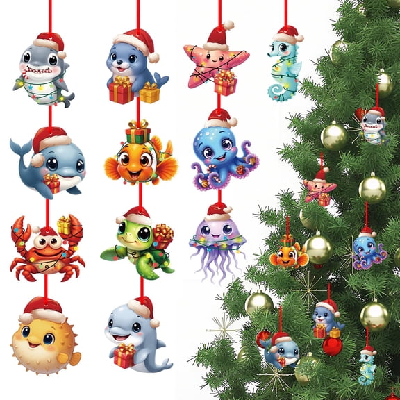 Beach Ornaments for Christmas Tree - Wooden Beach Ornaments Hanging Decorations Cute Sea Animals with Santa Hat Coastal Christmas Ornament Ocean Hanging Decor Cutouts for Xmas Party Gifts