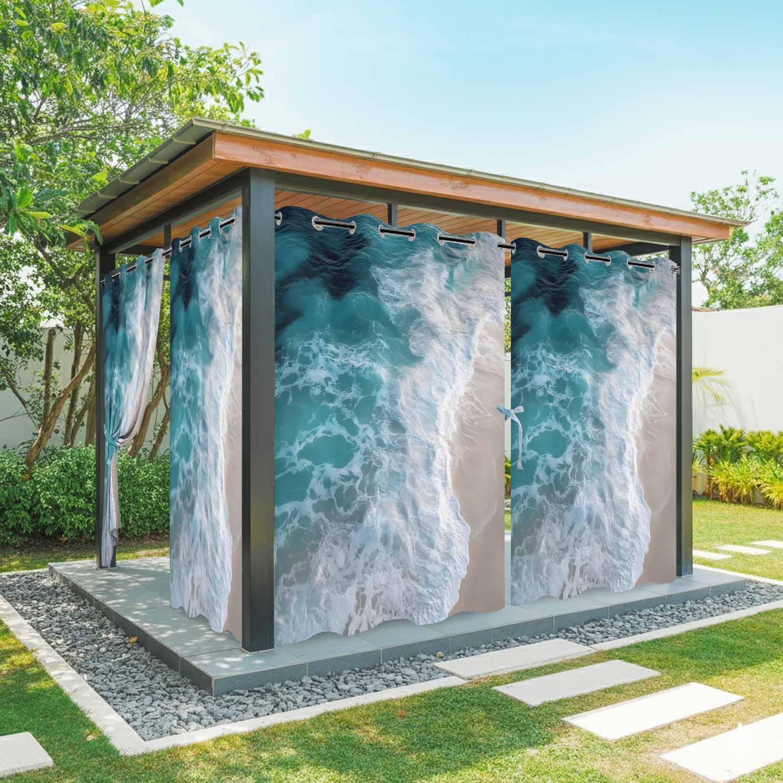 Waterproof Changing Curtain Beach Outdoor Curtains for Patio Waterproof, Ocean Scenery Modern ...