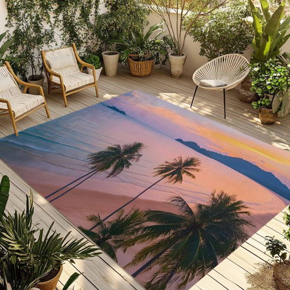 Beach Outdoor Rug 4x6 Ft - Reversible Patio Rug Outdoor Camping Rugs, Palm Tree Ocean Sunset Nature Sky Cloud Scenery Washable Indoor Outdoor Area Rugs, Non-Slip Outdoor Carpet Runner for Deck/Porch