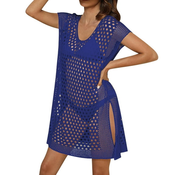 Beach Outfits For Women 2024 Women Hollowed Out Beach Sunscreen Smock Short Sleeve V Neck Swimsuit Smock Blue Loose Casual Resort Wear One Size