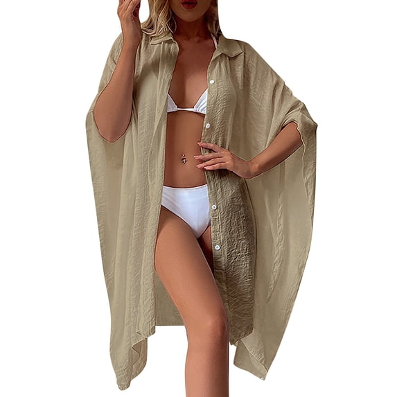 Beach Outfits For Women 2024 Ladies Summer Solid Slub Cotton Shirt Loose Beach Cardigan Holiday Sunscreen Bikini Smock Swimsuit Cardigan Beige Summer Beach Cardigan A