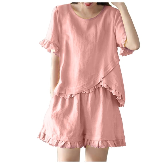 Beach Outfits for Women Casual Summer Outfits for Women Clothing Set Female Round Neck Short Sleeve Tops Pants Sets Cargo Pant Style S_979 Women's Tracksuits Pinks 3XL