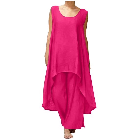 Beach Outfits for Women Vacation Outfits Clothing Set Female Round Neck Sleeveless Tops Pants Sets Trousers Pant Style S_406 Women's Tracksuits Pink1 L