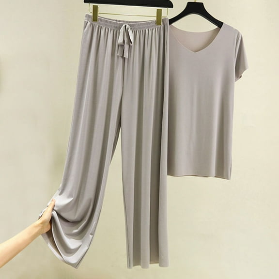 uublik Beach Outfits for Women 2024 Short Sleeve V-neck Top and Wide Leg Pants Set Gray, XXL