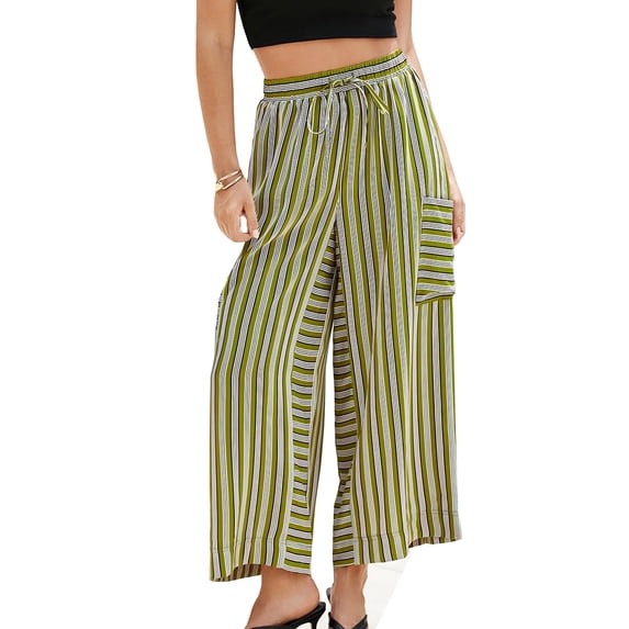 Beach Palazzo Pants Womens Striped Summer Vacation Wide Leg Pants Drawstring Baggy Lounge Slacks with Pocket Green, L