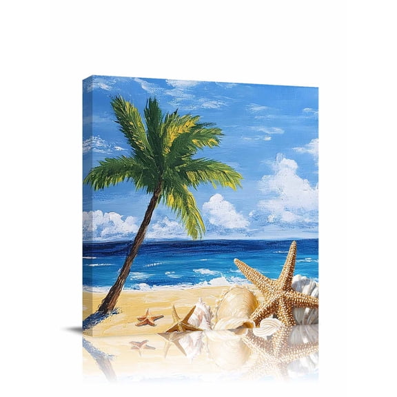 Beach Palm Canvas Wall Art, Tree Summer Ocean Blue Sky Oil Painting Style Framed Wall Decor Modern Artwork Prints Painting for Living Room, Bedroom, Kitchen & Cafe Decor 28x28 Inch