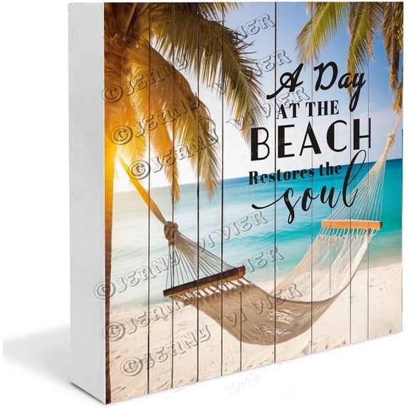 Beach Palm Hammock A Day At The Beach Restores The Soul Wooden Box Sign Office Gifts Farmhouse Decor Shelf Decorations for Home Office Wood Block Signs For Desk Decor 5x5 in