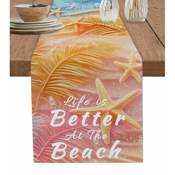 Beach Palm Leaves Table Runner 36 Inches, Summer Coastal Ocean Starfish Bed Runner Dresser Scarves Tabletop for Indoor Outdoor Parties/Ceremony/Banquet, 13"x 36"