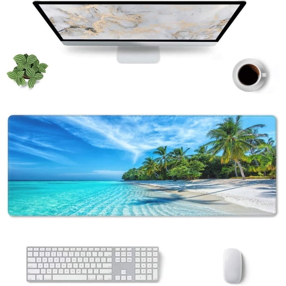 Beach Palm Mouse Pad Stitched Edge XL Large Mousepad 31.5" X 11.8" Rubber Base Non Slip Desk Mat for Laptop Pc Computer Gaming