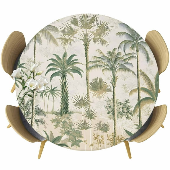 Beach Palm Round Tablecloth 55-60 Inch Round Fitted Table Cloth with Elastic Edge, Summer Green Coconut Tree Leaf Waterproof Table Cover Protector for Outdoor Picnic Party Dining