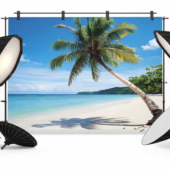 Beach Palm Tree Backdrop for Photography, Summer Ocean Blue Sky Tropical Island Photo Backdrop Portrait Background Party Banner Photo Backgrounds for Studio Booth Props, 7x5ft