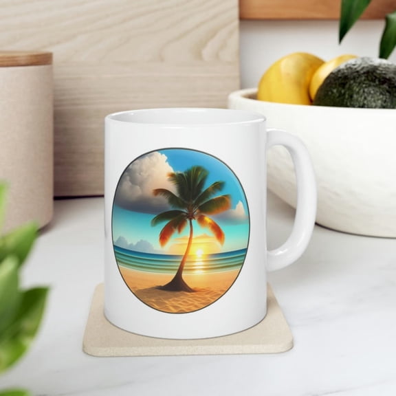 Beach Palm Tree Coffee Mug Summertime Ceramic Tea Cup.