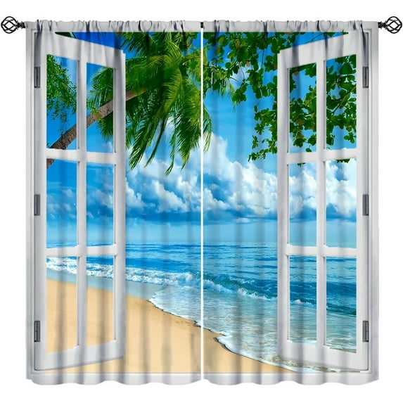 Beach Palm Tree Curtains, Summer Tropical Island Blue Clouds Ocean Nature Landscape Scenic Blackout Window Treatments for Kitchen Bedroom Living Room, 84" W X 84" L