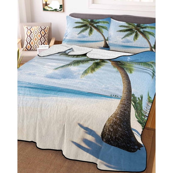 Beach Palm Tree Full Size Down Alternative Comforter, Lightweight Comforter Quilt Bedding Set with Pillow Shams Ocean Coastal Sky Nature Scenery All Seasons Bed Comforter Duvet Insert 78"x90"