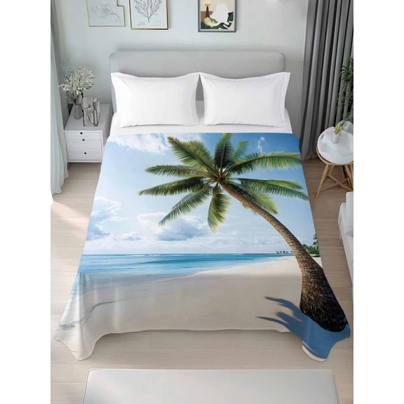 Beach Palm Tree Full Size Flat Sheet, Wrinkleproof & Fadeproof Cooling Flat Bed Sheet Only, Ocean Coastal Sky Nature Scenery Breathable Soft Bedding Top Sheets 81 x 96 Inches
