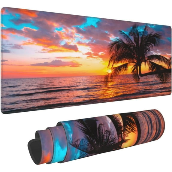 Beach Palm Tree Hawaii Tropical Summer Seaside Large Mouse Pad, Extended Big Keyboard Mouse Mat, Long Computer Gaming Mousepad for Home Office Work Desk Stitched Eges Non-Slip Base Mouse Pads Mat