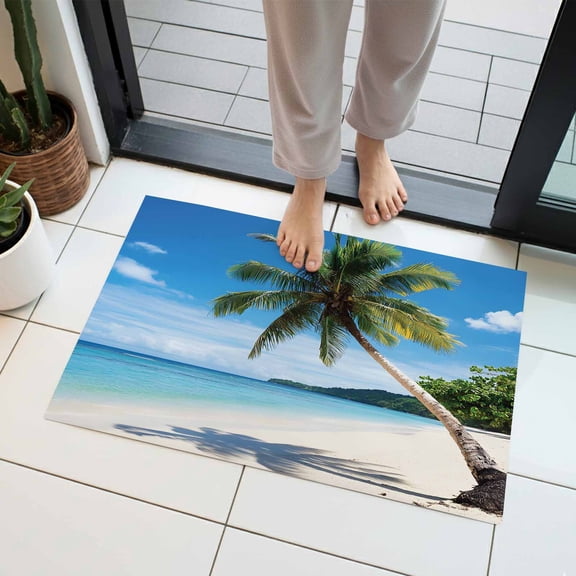 Beach Palm Tree Indoor Door Mat 20x31.5 Inch Summer Ocean Blue Sky Tropical Island Front Door Mat Non Slip Washable Entryway Rug Low Profile Dirt Trapper Doormat for Bathroom Kitchen Bedroom
