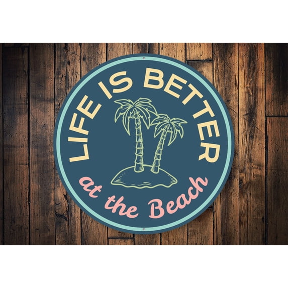 Beach Palm Tree Novelty Sign, Metal Wall Decor - 12" Round