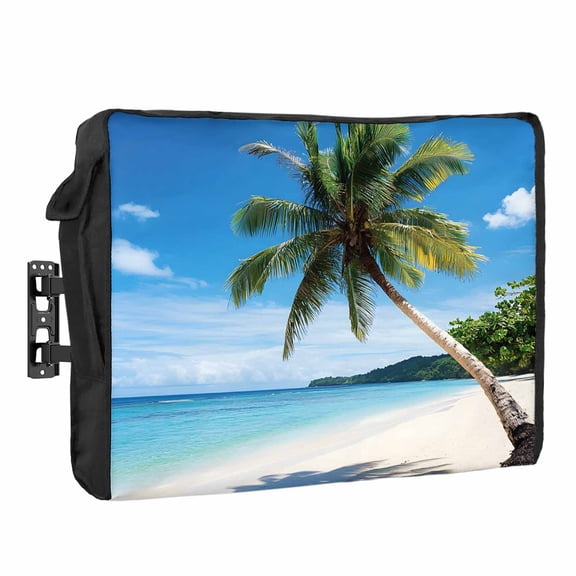 Beach Palm Tree Outdoor TV Cover 30 to 32 inch Weatherproof Waterproof, Summer Ocean Blue Sky Tropical Island TV Enclosures with Remote Control Pocket Flat Screen Protector for Outside