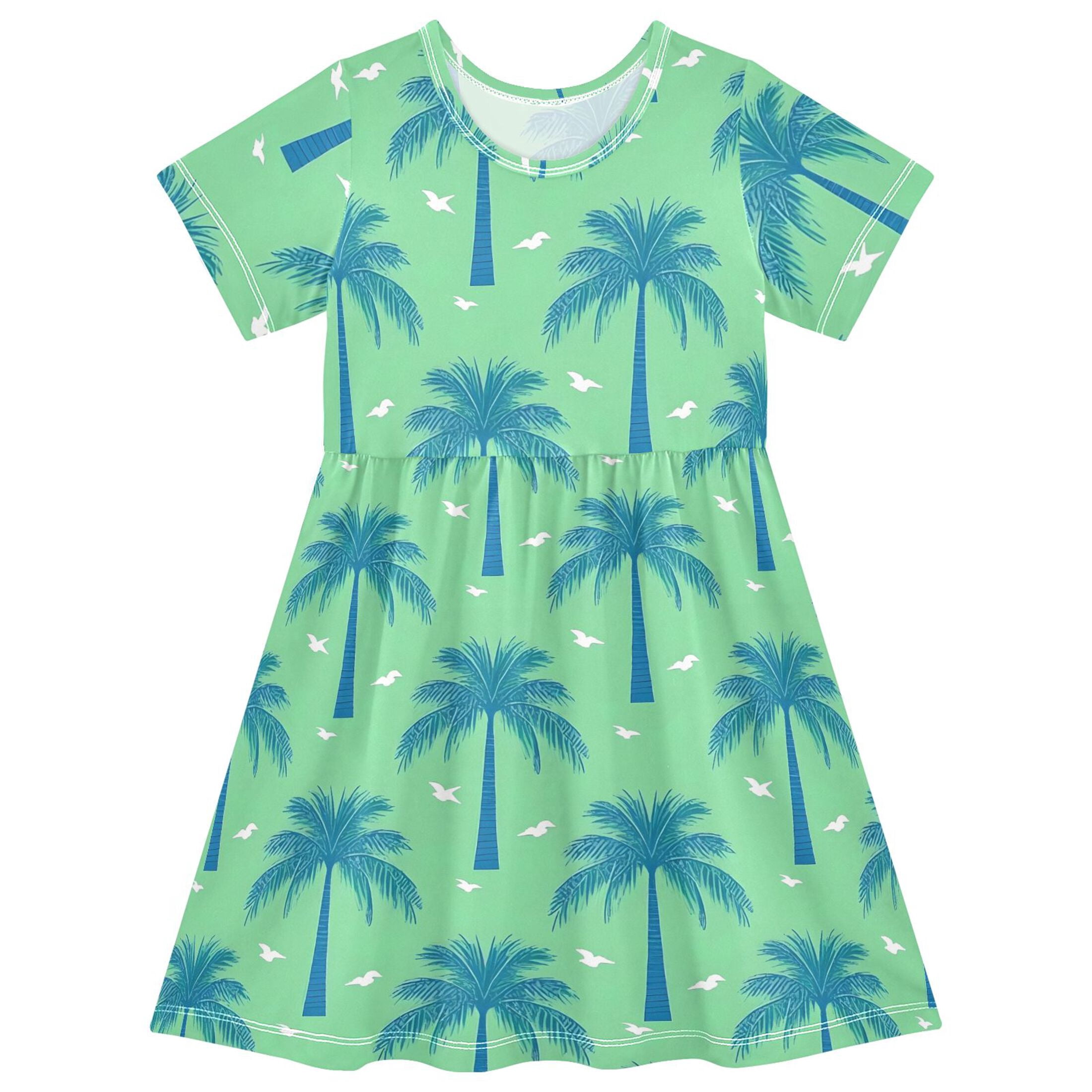 Beach Palm Tree Pattern Girls Short Sleeve Dress A Line Sun Protection ...