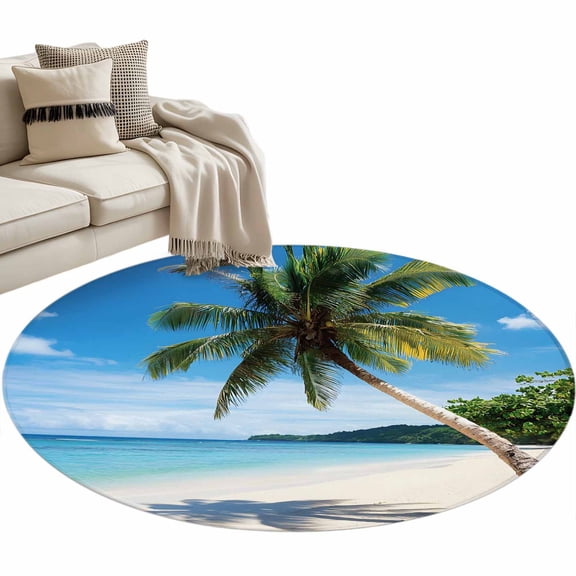 Beach Palm Tree Round Area&nbsp;Rug 3ft Summer Ocean Blue Sky Tropical Island Non-Slip&nbsp;Washable Circle Rugs Soft Felt Indoor Floor Mat for Bedroom Kitchen Living Room Bathroom