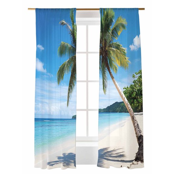 Beach Palm Tree Sheer Curtains 2 Panels Set Summer Ocean Blue Sky Tropical Island Lihgt Filtering Rod Pocket Voile Drape, Semi Sheer Window Curtains for Bedroom Living Room, 52"x108"