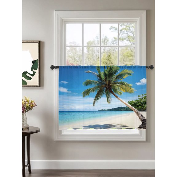 Beach Palm Tree Sheer Curtains 45 Inch Long 1 Panel Summer Ocean Blue Sky Tropical Island Rod Pocket Voile Cafe Curtains Light Filtering Small Window Treatments for Kitchen Basement 52" x 45"