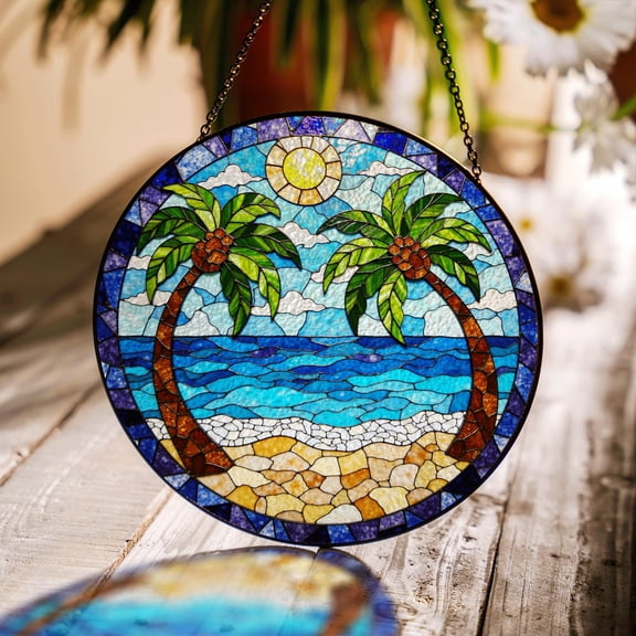 Beach Palm Tree Stained Glass Style Suncatcher, Tropical Window Hanging Gift for Mom or Friends