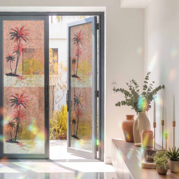 Beach Palm Tree Sunset Scene Window Privacy Film, Rainbow Film Decorative Window Sticker 23.6x78.7in, Retro Summer Ocean Sun Blocking Static Stained Glass Cling Tint Non-Adhesive