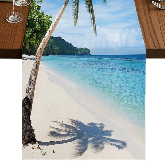 Beach Palm Tree Table Runner 48 Inches Long, Summer Ocean Blue Sky Tropical Island Cotton Linen Dining Table Runner Dresser Scarves for Home Kitchen Party Decor 13"x48"