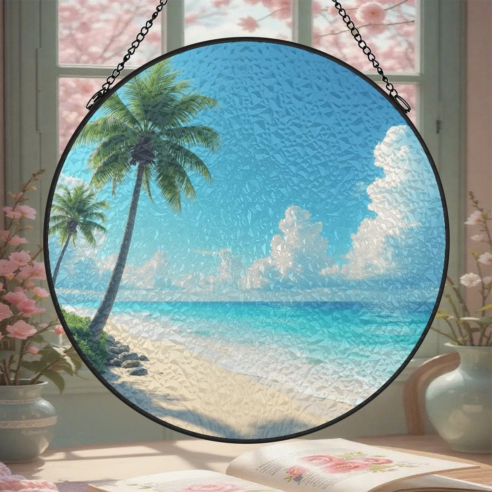 Beach Palm Tree Tropical Stained Glass Window Hanging 8 Inch Suncatcher ...