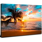 Beach Palm Tree Wall Art Ocean Decor Sunset Wall Art Coastal Landscape Pictures for Living Room Tropical Seascape Poster Canvas Nature Painting Modern Artwork Bedroom Bathroom Home Decor 12x16