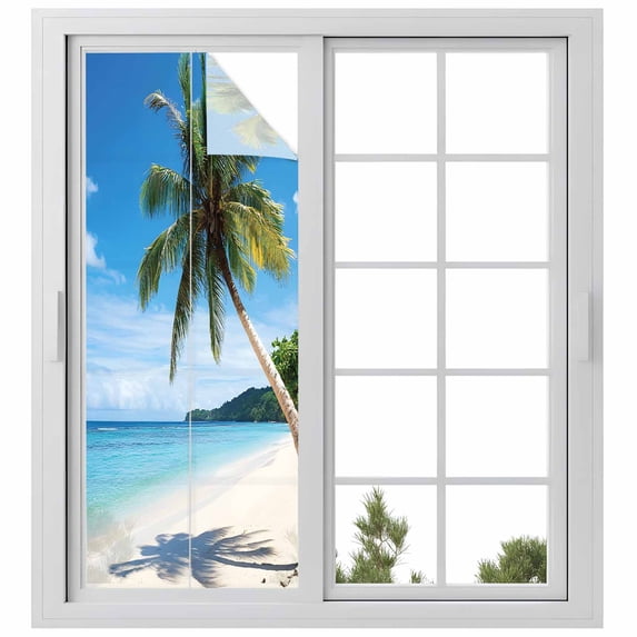 Beach Palm Tree Window Privacy Film Summer Ocean Blue Sky Tropical Island Decorative Glass Window Film UV Blocking Static Cling Non-Adhesive Sticker Covering for Home Door 29.5 x 78.7 inches