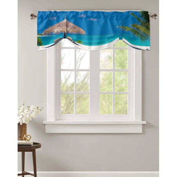 Beach Palm Trees Blue Sea Window Curtain Kitchen Cabinet Coffee Tie-Up Valance Curtain Rod Pocket Short Curtain