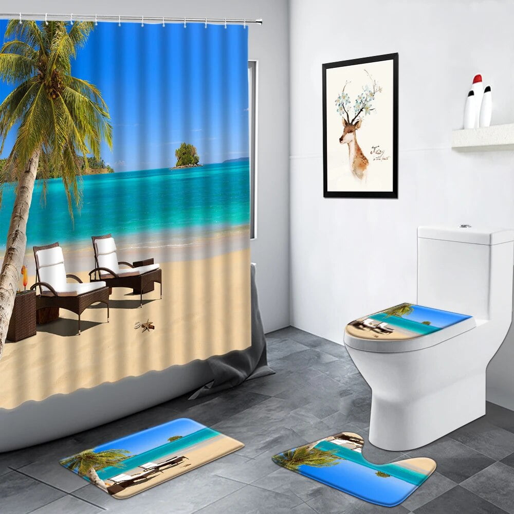 Beach Palm Trees Boat Resort Ocean Scenery Shower Curtain Tropical ...